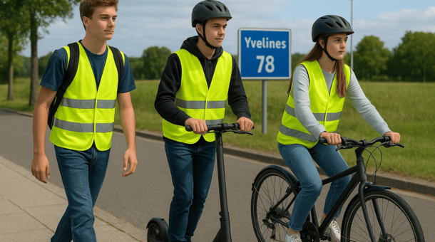 élèves vétus de gilets haute visibilité sur une trotinette et un vélo