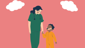 Illustration d'un infirmière tenant la main d'un enfant